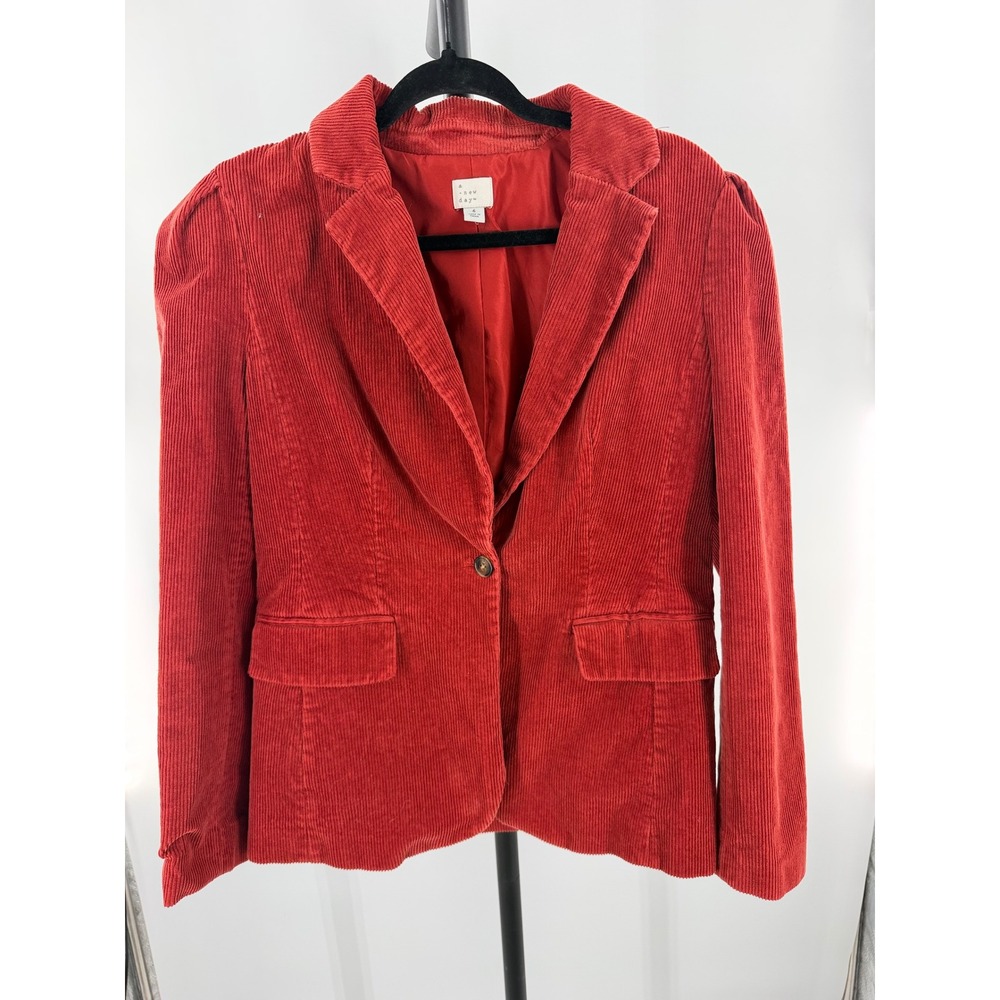 A New Day Red Corduroy Puff Shoulder Single Button Blazer Jacket Size 6